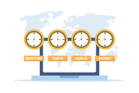 Time zone settings and global digital communications concept, illustrating how users manage and coordinate time across different regions worldwide.のイラスト素材