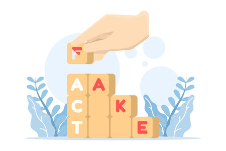 Businessman arranging wooden blocks labeled FACT and FAKE on a table, symbolizing true vs false news and the importance of verifying information. flat vector illustrationのイラスト素材