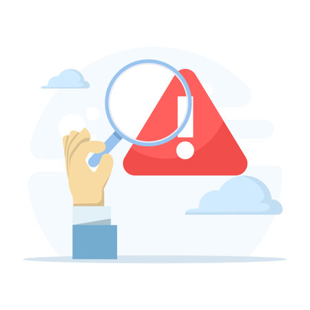 Problem solving and incident management concept. Flat vector design with alert sign highlighting risk detection and root cause investigation. flat vector illustration on backgroundのイラスト素材