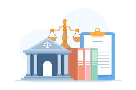Legal consultation in a law firm. Lawyers assisting clients with documents, court matters, and professional legal advice in flat vector style.のイラスト素材