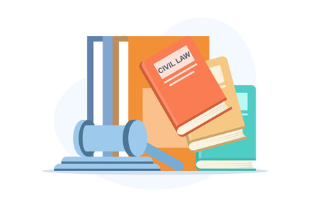 Civil law and criminal code illustration, symbolizing legal systems, regulations, and justice principles within society and courtroom frameworks. flat vector illustrationのイラスト素材