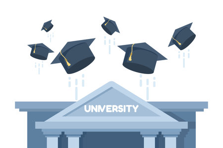 Graduation cap flying in the air, academic celebration for college and university, higher education achievement, commencement ceremony illustration, academic success concept.のイラスト素材