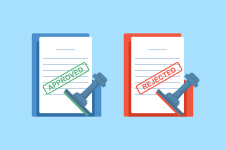 Clipboard with documents showing green approved and red rejected stamps, application status concept, online form submission, review process, decision approval and denial.のイラスト素材