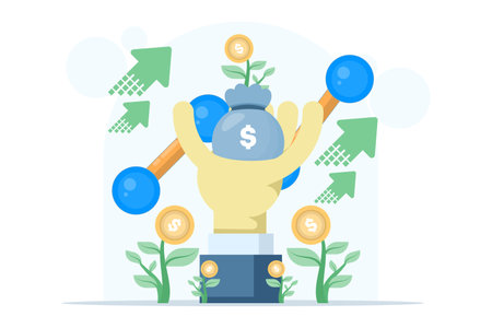 ROI return on investment, business growth to success, investor hand holding dollar plant and money bag, profit increase chart graph, financial opportunity, modern bannerのイラスト素材