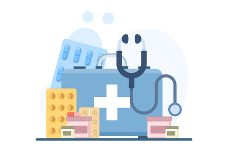 Illustration showing first aid medical equipment and stethoscope, representing healthcare, emergency response, and clinical care concepts. Ideal for professional medical projects.のイラスト素材