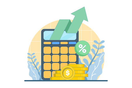 Illustration showing a calculator, upward growth arrow, and discount symbol, ideal for financial planning, cost reduction, profit analysis, and budgeting themes.のイラスト素材