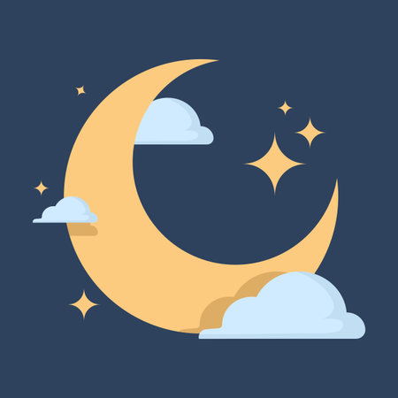 A cute yellow crescent moon with clouds and sparkling stars on a dark blue night sky. Charming moon icon symbolizing sleep time, night, and dreams. Flat vector illustration.のイラスト素材