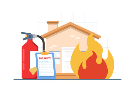 Vector illustration of fire safety equipment for home, symbolizing protection against fire risks, emergency preparedness, and household safety measures.のイラスト素材