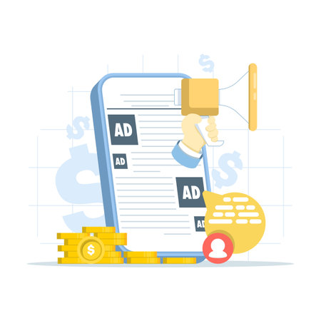 Mobile advertising concept for digital marketing promotion. Vector illustration for online campaign, brand awareness, mobile marketing strategy, and business growth.のイラスト素材