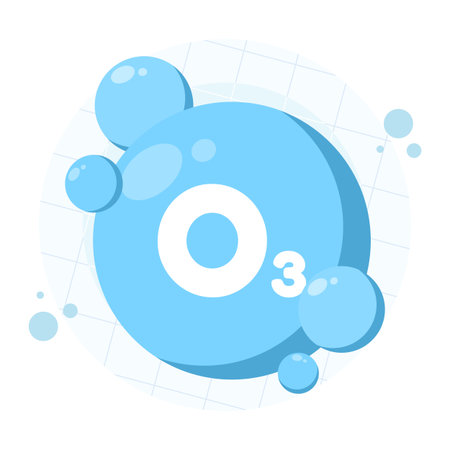 Ozone molecule O3 concept showing three oxygen atoms bonded together. Vector illustration for chemistry, atmospheric science, ozone layer, and environmental education.のイラスト素材