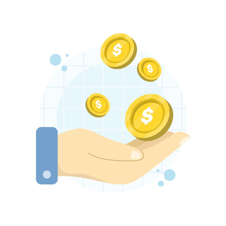 Hands accepting gold coins symbolizing income and earnings. Vector illustration for finance, payment, profit sharing, and money flow concepts.のイラスト素材