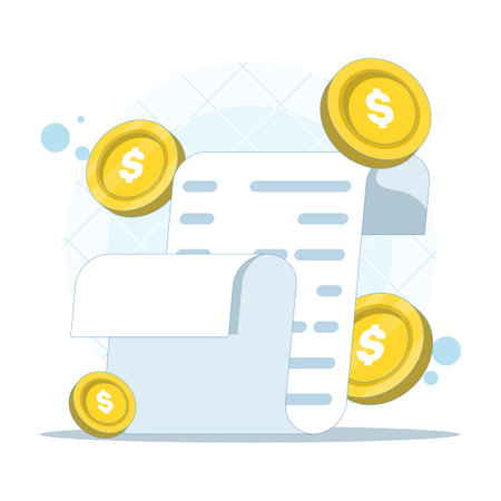 Invoice list vector icon illustrating payment transactions with notification alerts. Receipt paper concept for store shopping, billing records, and business finance documentation.のイラスト素材