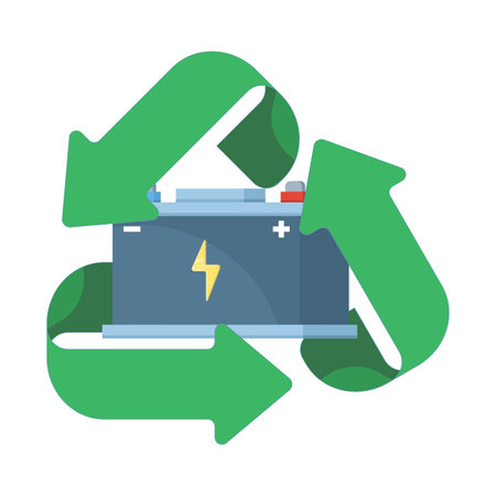 Vector illustration of recycled car batteries representing WEEE disposal and waste management. Clean design highlighting zero waste, environmental protection, and recyclingのイラスト素材