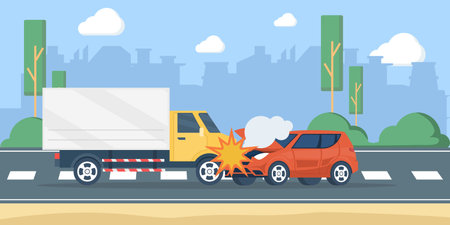 Car accident vector illustration showing a truck and car collision from the side. Road crash concept highlighting vehicle damage, traffic safety, and personal driving awareness.のイラスト素材