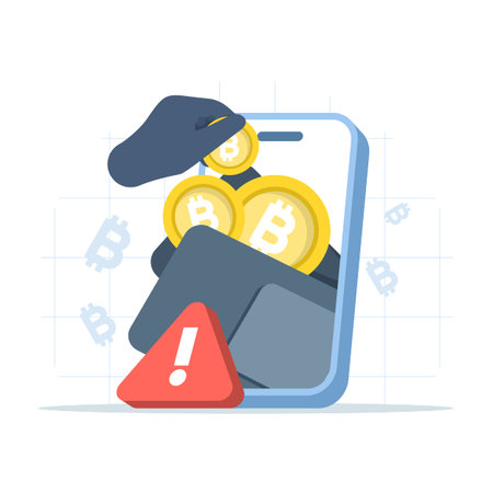 Crypto wallet hacking icon with hacker stealing Bitcoin from smartphone. Creative flat vector illustration for cryptocurrency theft, cybercrime, and digital finance securityのイラスト素材