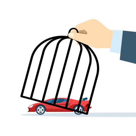 Trendy flat icon of hand grabbing car inside cage. Creative vector illustration for debt collection, asset seizure, arrest concept, and financial penalty graphics.のイラスト素材