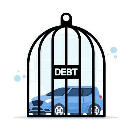 Auto loan debt vector icon showing a car trapped inside a locked cage. Financial hardship concept for vehicle financing issues, money pressure, and economic risk visuals.のイラスト素材