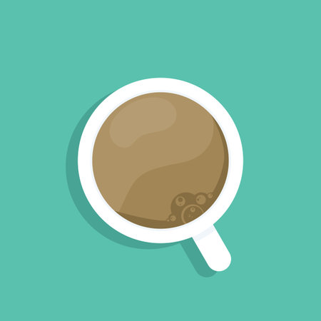 Coffee cup top view vector illustration. Hot espresso or black coffee seen from above, isolated on green background, cafe and breakfast concept.のイラスト素材