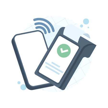 Vector illustration of mobile payments with smartphone terminal, NFC technology, online banking, digital transactions, modern flat design for fintech and payment solutions.のイラスト素材