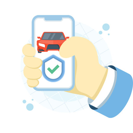 Vector illustration of mobile phone with car shield and check mark, vehicle protection, remote auto safety, flat smartphone icon, modern flat vector design for automotive securityのイラスト素材