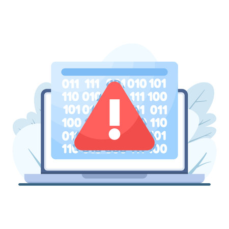 Flat vector illustration of program error icon, coding screen with bug and warning symbol,...