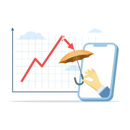 Businessman hand with phone holding umbrella over downward arrow graph, risk protection concept, financial security, investment safety, flat vector illustration.のイラスト素材