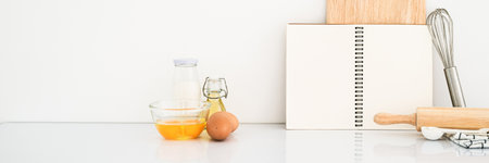 Blank notepad on a white background. Culinary cooking baking concept, place for a recipe. Front view. Bannerの写真素材