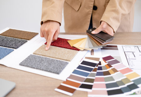 Architect designer Interior creative working drawing sketch plan  selection material color samples...