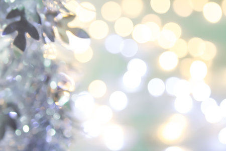 abstract white golden bokeh circles for Christmas background, glitter light Defocused and Blurred Bokehの写真素材