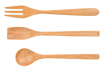 Top view of Wooden paddle spatula fork spoon isolated on a white background.の写真素材