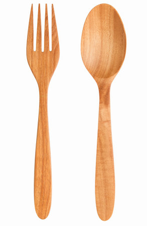 Top view of Wooden fork spoon isolated on white background.の写真素材