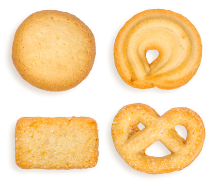 Top view of variety Christmas butter cookies biscuit isolated on white background . Season's greetings.の写真素材