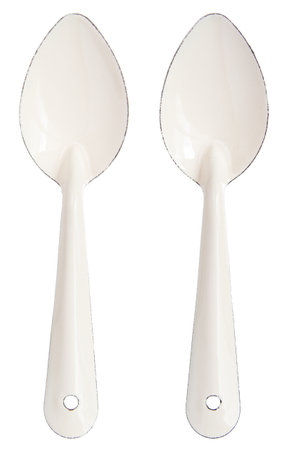 Top view of white spoon isolated on white background.の写真素材