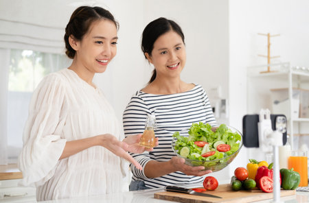 two positive people make selfie recording video smiling greetings prepare cooking healthy salad in kitchenの写真素材