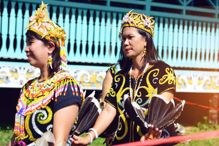 Tenggarong, Indonesia-August 27th,2016. Traditional dance of dayak people with traditional costume...
