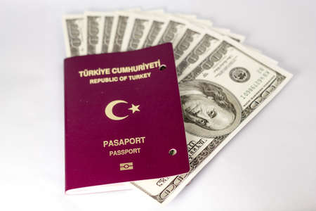 Turkish passport and dollar bills isolatedの写真素材