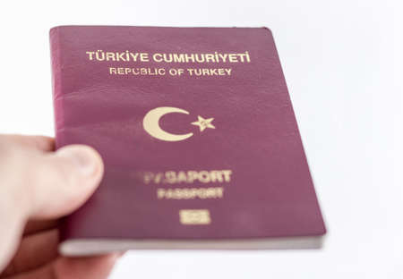 Man holding turkish passport isolatedの写真素材