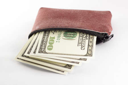 Dollar bills in a leather bag on a white background.