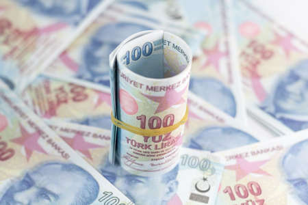 Rolled turkish banknotes.の写真素材
