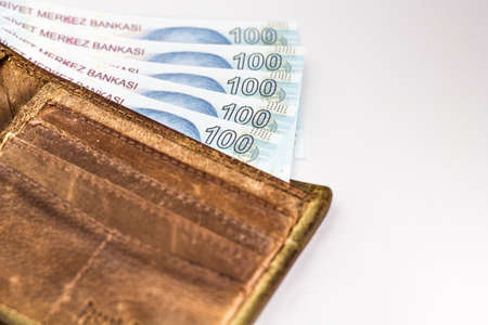 Turkish lira banknote in brown walletの写真素材