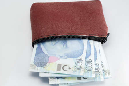 Turkish lira banknote in walletの写真素材