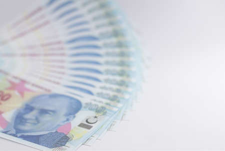 turkish banknotes isolated on whiteの写真素材