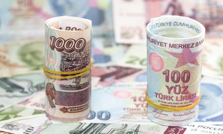 Two european currencies - Russian rubles and Turkish Liraの写真素材