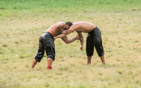 Two oil wrestlers in Kirkpinar, Edirne, Turkeyの写真素材