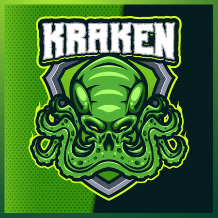Kraken Octopus esport and sport mascot logo design with modern illustration concept for team, badge, emblem and t-shirt printing. Squid tentacle illustration on isolated background. Premium Vectorのイラスト素材