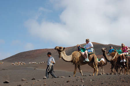 TIMANFAYA NATIONAL PARK, LANZAROTE, SPAIN - JUNE 10: Tourists riding on camels being guided by local people through the famous Timanfaya National Park in June 10, 2009のeditorial素材