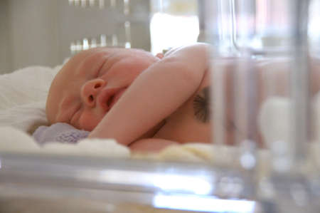 New born baby lying in incubator in hospitalの写真素材