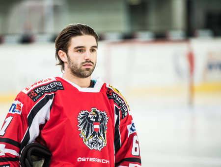 05.04.2013, Tiroler Wasserkraft Arena, Innsbruck, AUT, IIHF Testspiel, Oesterreich vs Kasachstan, im Bild Dominique Heinrich, (Team Austria, #61) // during the preparation game of the IIHF Icehockey world championship 2013 between Austria and Kazakhstan, のeditorial素材