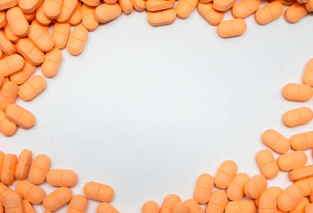 Pile of muscle relaxant, pain relief tablet pills with copy spaceの写真素材