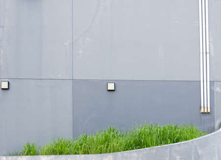 Old grey concrete wall pale and cracked and have green grass at the bottomの写真素材